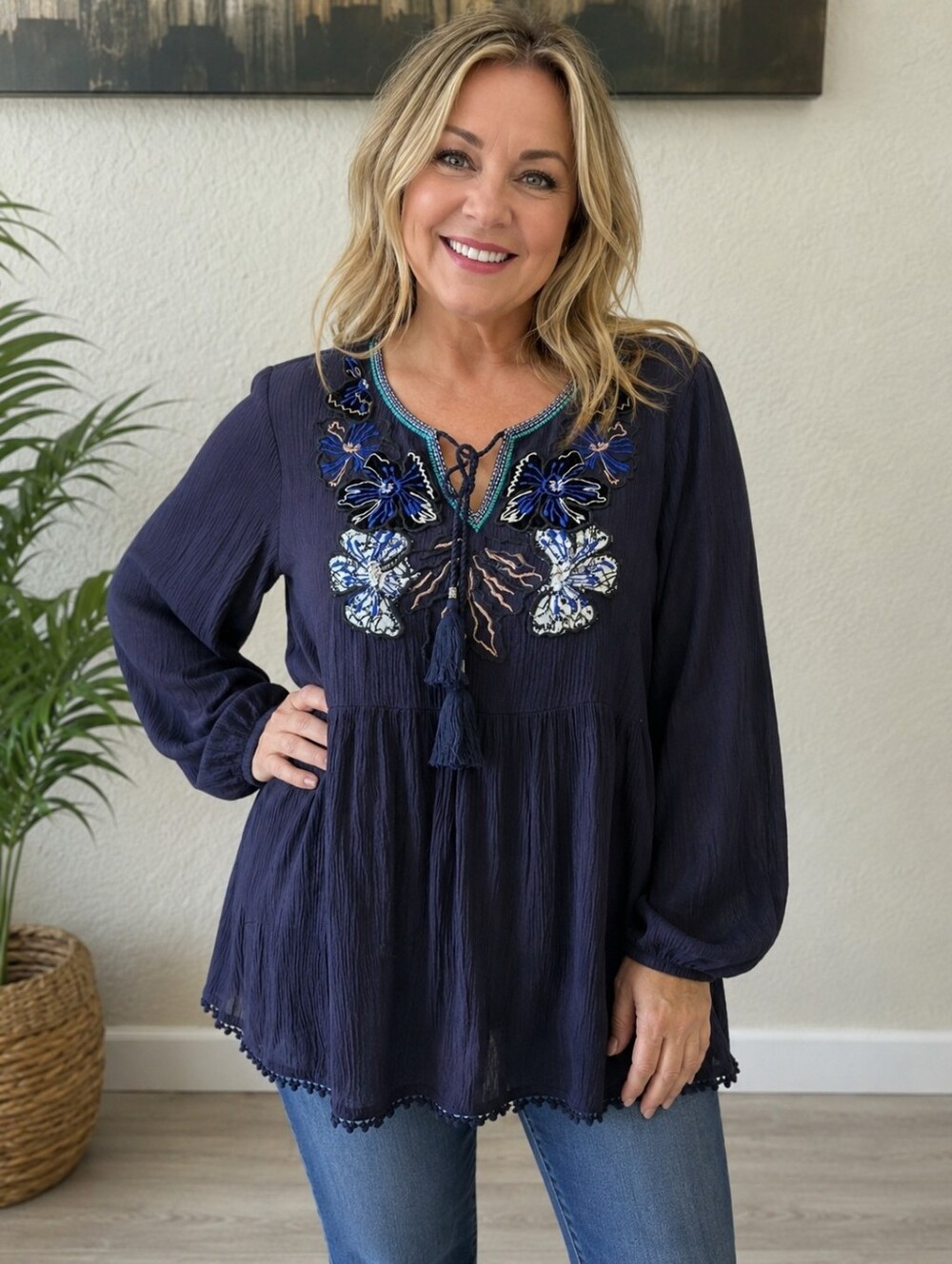 Vintage America Navy Blue Embroidered Peasant Tunic with Tassel Tie
